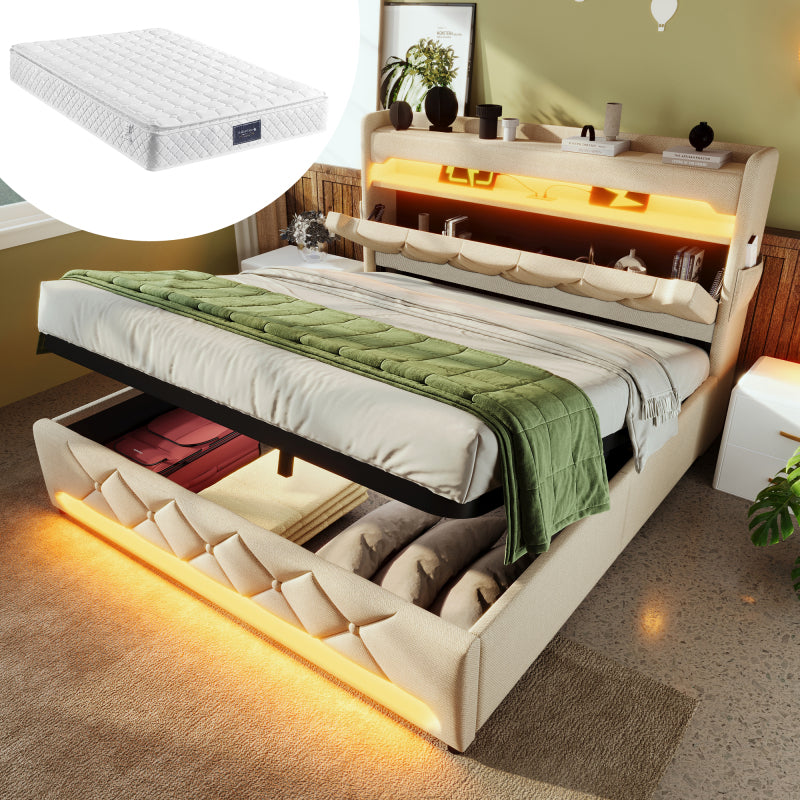 Polsterbett Doppelbett 180*200, Stauraum Kopfteil mit USB und Typ C-Port ,360-Surround-LED-Funktion rund um Kopf- und Fußende des, Betten mit Hydraulisch Stauraum, Beige , Leinen(Ohne Matratze)
