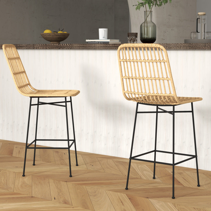 Barhocker 2er-Set Boho-Stil aus Rattan mit Rückenlehne und Stahl bis 120 kg, 45 x 53,5 x 105 cm, Natur & Schwarz