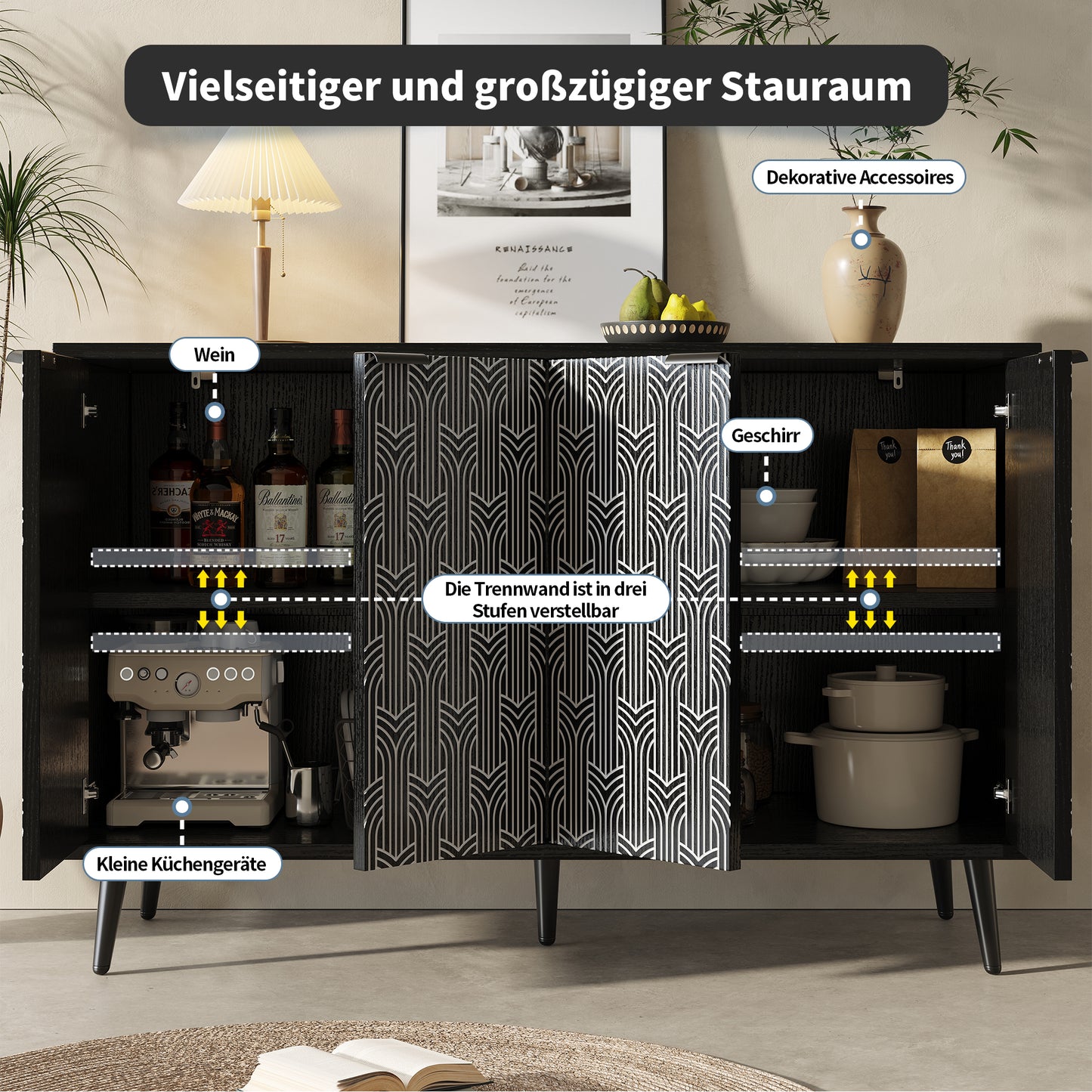 Esszimmerschrank (120×35×78cm), Esszimmer- und Wohnzimmer-Aufbewahrungsschrank, einzigartiges Schranktürdesign, freistehender Schrank, Antidumping, Fischgrätenmuster, geschnitzte Tür, schwarz
