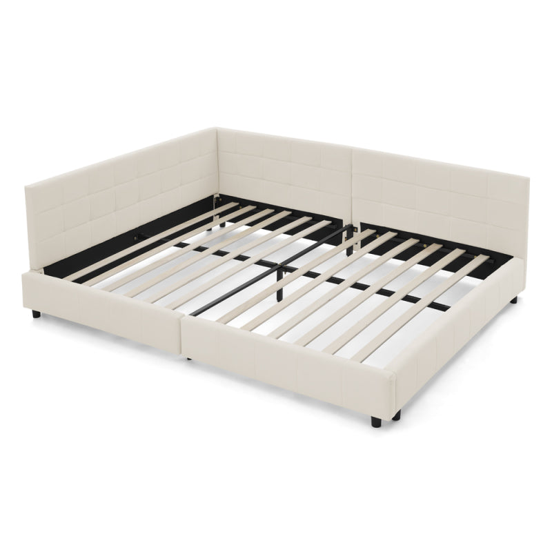 Doppelbett 160x200, weiches hautfreundliches Samt, L-förmiges Eck Bettgestell, robuste Eukalyptus- und Eisenlatten, Beige (ohne Matratze)