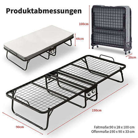 Klappbett 90x190cm mit 10cm Memory Foam Matratze – Faltbares Gästebett auf Rollen bis 150kg, inkl. Staubschutzhülle & Waschbarem Bezug