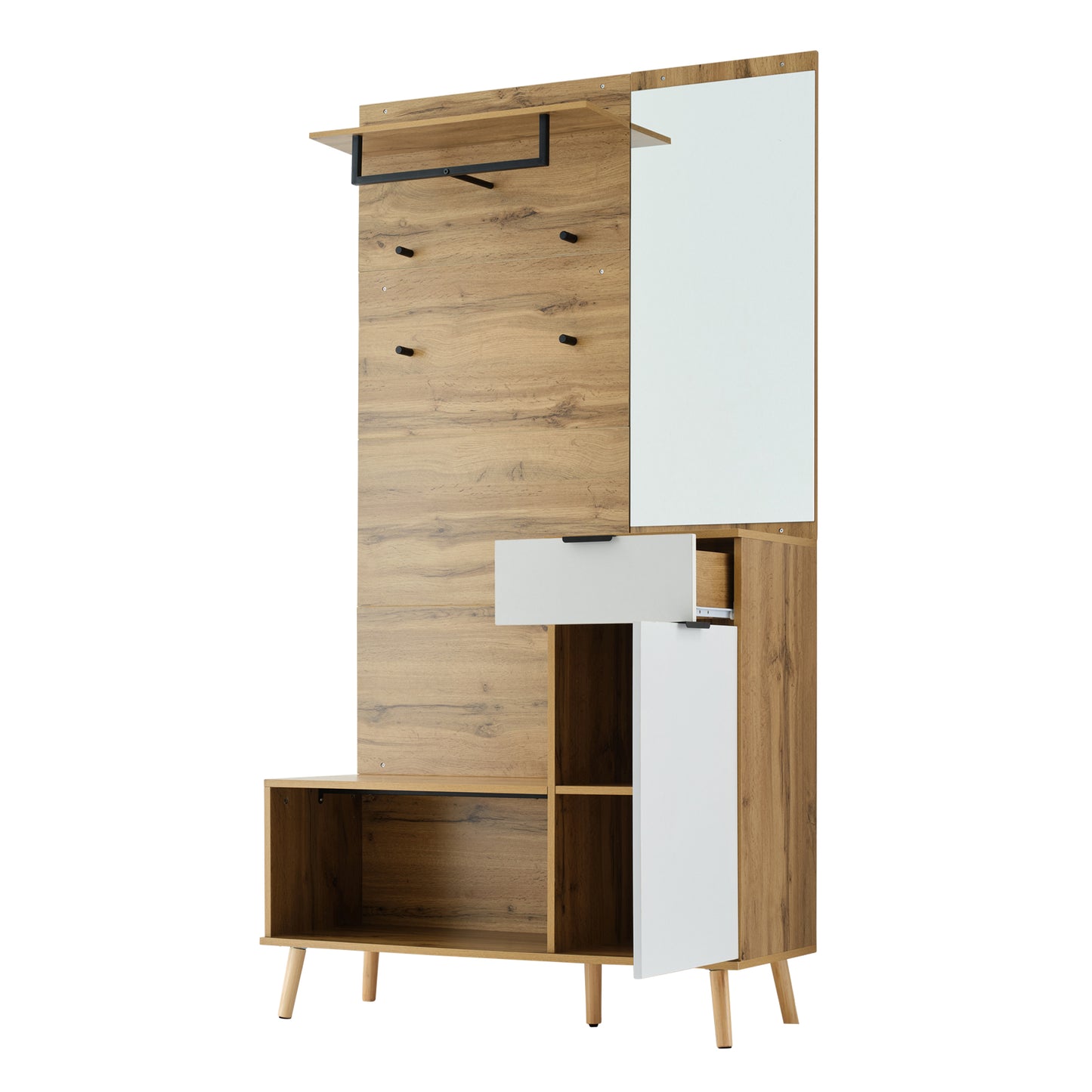 Multifunktionales Garderobenset aus Holz mit Spiegel, Schuhbank, Schuhschrank, Schublade, Regal und Kleiderhaken