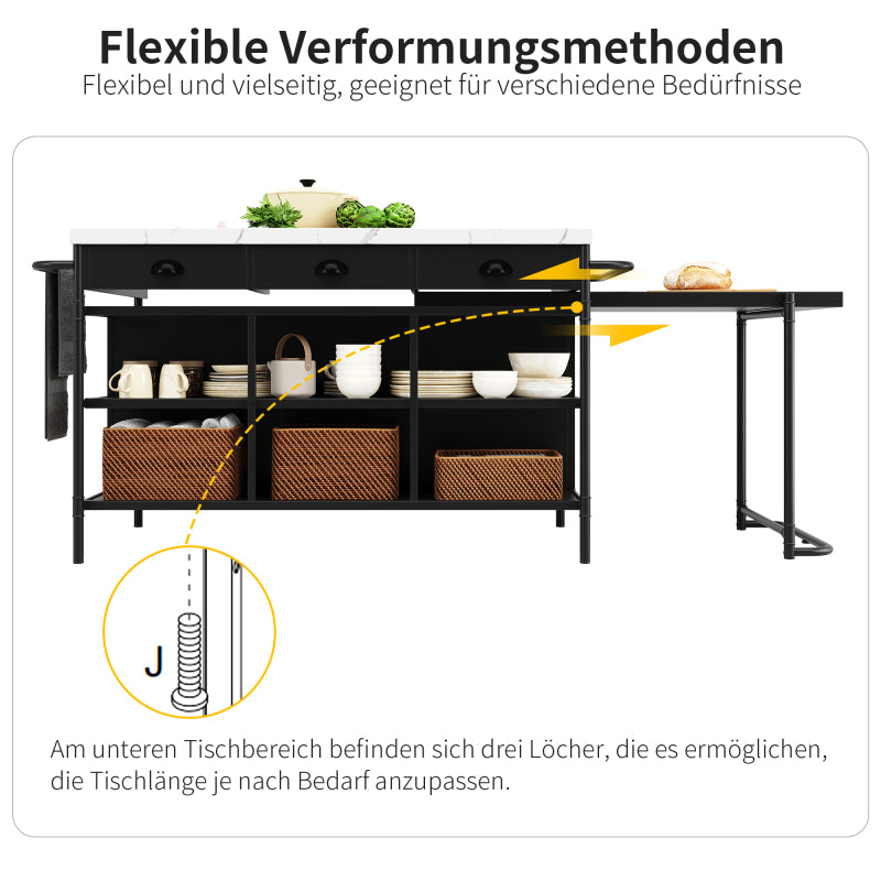 Kücheninseln, Ausziehbare Kunstmarmorplatte Industrial mit 3-Schubladen, Multifunktionales Küchen- und Esszimmer-Möbel, Kücheninsel Küchenregal Küchewagen Sideboard, MDF Arbeitsplatte Küche Regal