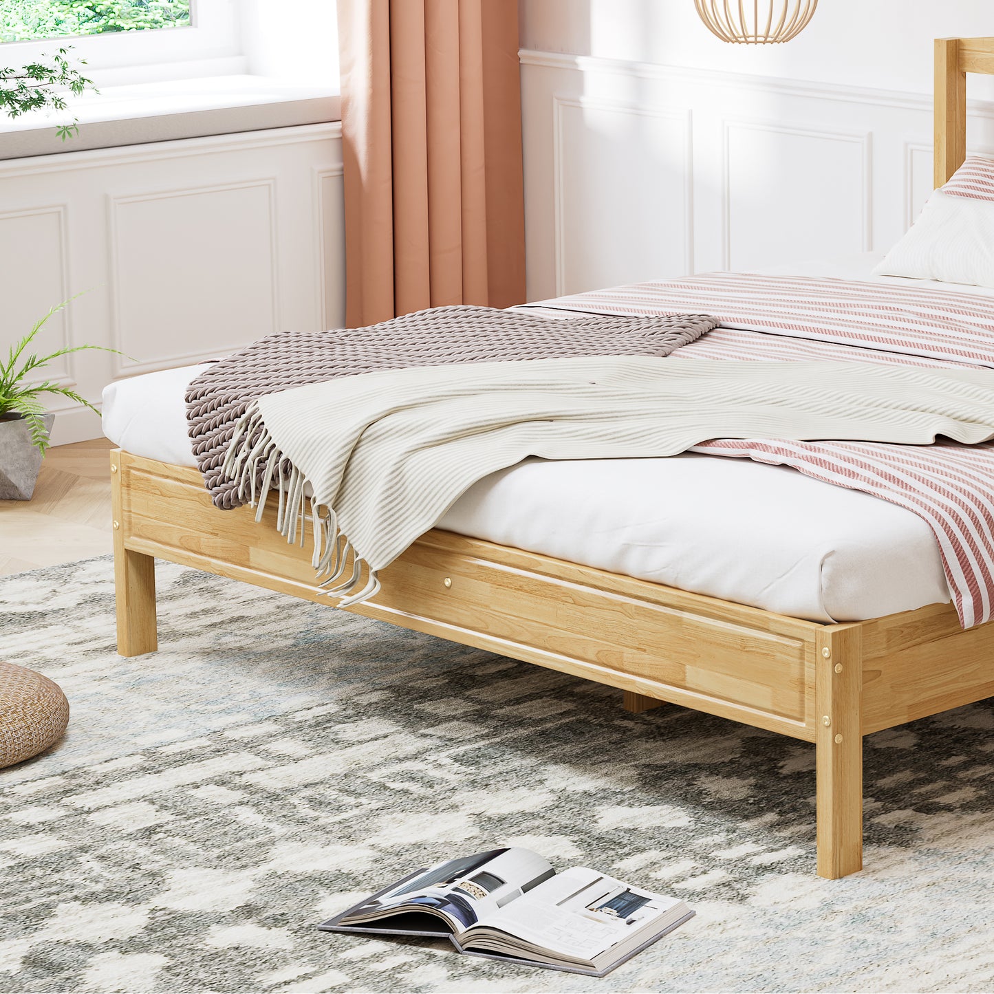 Doppelbett, Rattanbett, Jugendbett Erwachsenenbett 160X200cm, Rattannetzkissen, mit 15 Latten und Mittelfüße, Kiefer + PE-Rattan, Natur