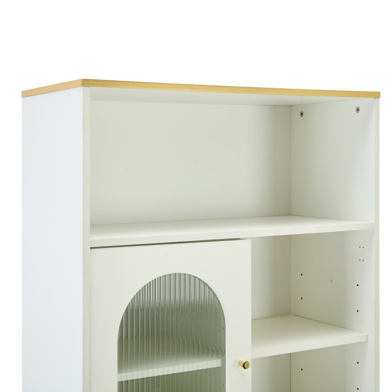 Weißes Bücherregal mit LED-beleuchteten Vitrinen, Glasfronten, 5 offenen Fächern und 2 Schubladen