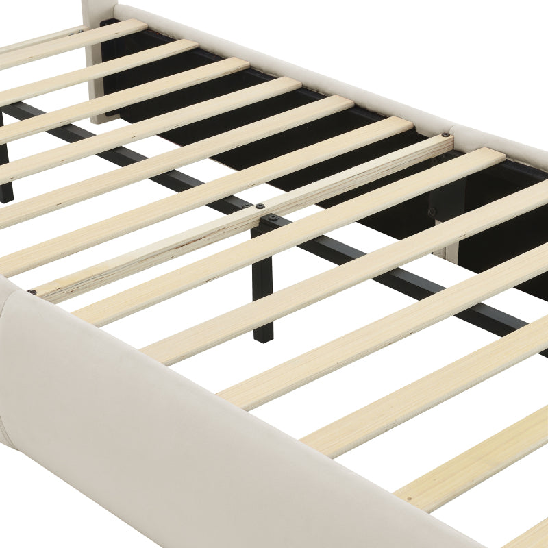 Polsterbett, Einzelbett, Hasenohren mit einstellbarer Helligkeit warmfarbenen Lichtstreifen, mit zwei Aufbewahrungshockern, Kinderbett mit Holzlatten, Samt, Beige, 90x200cm