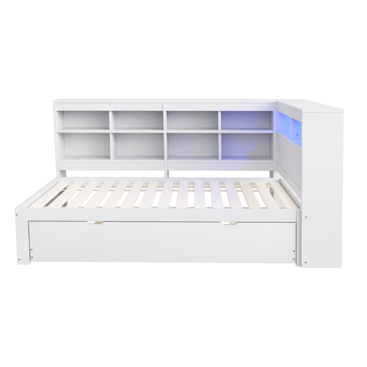 Massivholz-Einzelbett 90x200 Weiß mit Ausziehbett - Multifunktionales Schlafsofa inkl. LED, USB-Steckdose, Regalen & viel Stauraum, Weiß