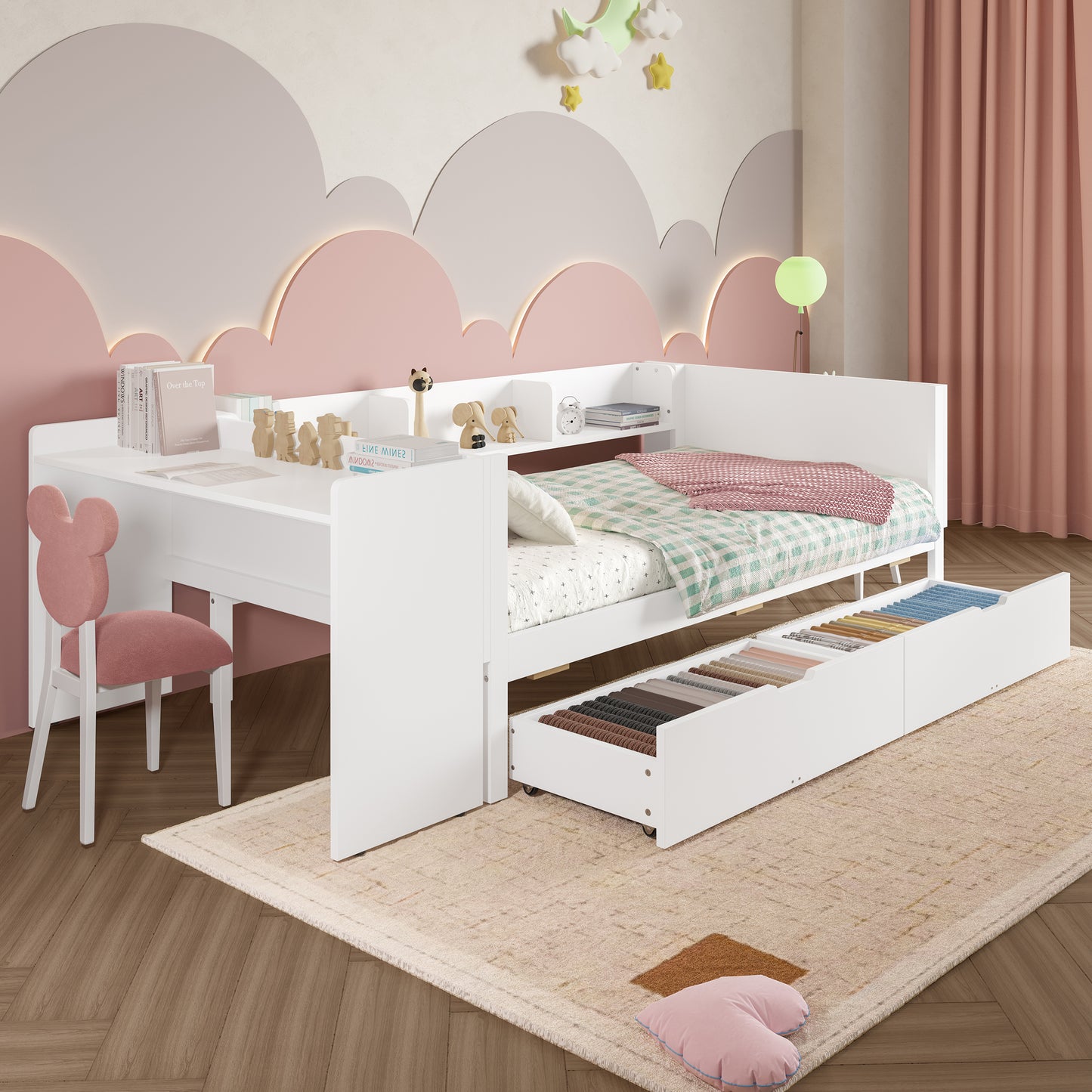 Flachbett, Holzbett, 90x200cm, mit Schreibtisch, ausgestattet mit 2 Schubladen, Einzelbett(Ohne Matratze), mit Regalen, Kiefer+Spanplatte, weiß