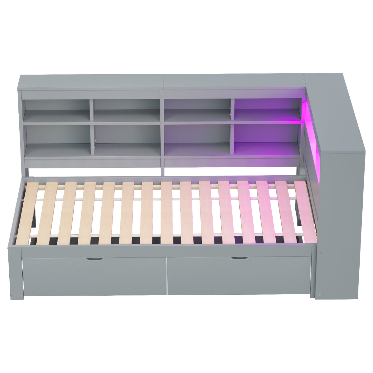 Massivholz-Einzelbett 90x200 Weiß mit LED & USB-Steckdose - Multifunktionales Schlafsofa mit Regalen, Ablagefächern & viel Stauraum, Grau