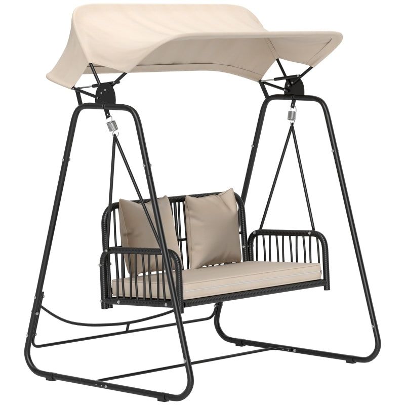 Hollywoodschaukel Rattan 2-Sitzer Gartenschaukel mit verstellbar, Sonnendach Kissen Hängebank, für Garten Balkon, Khaki