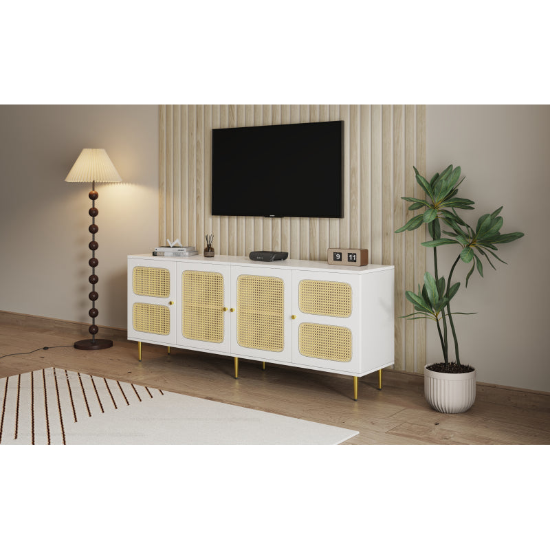 Eleganter Weißer Rattan-TV-Schrank 180x40x72 cm - Mit 4 Rattantüren, Höhenverstellbaren Regalen und Kabelmanagement, Für bis zu 80 Zoll Fernseher,TV-Schränke,Lowboards