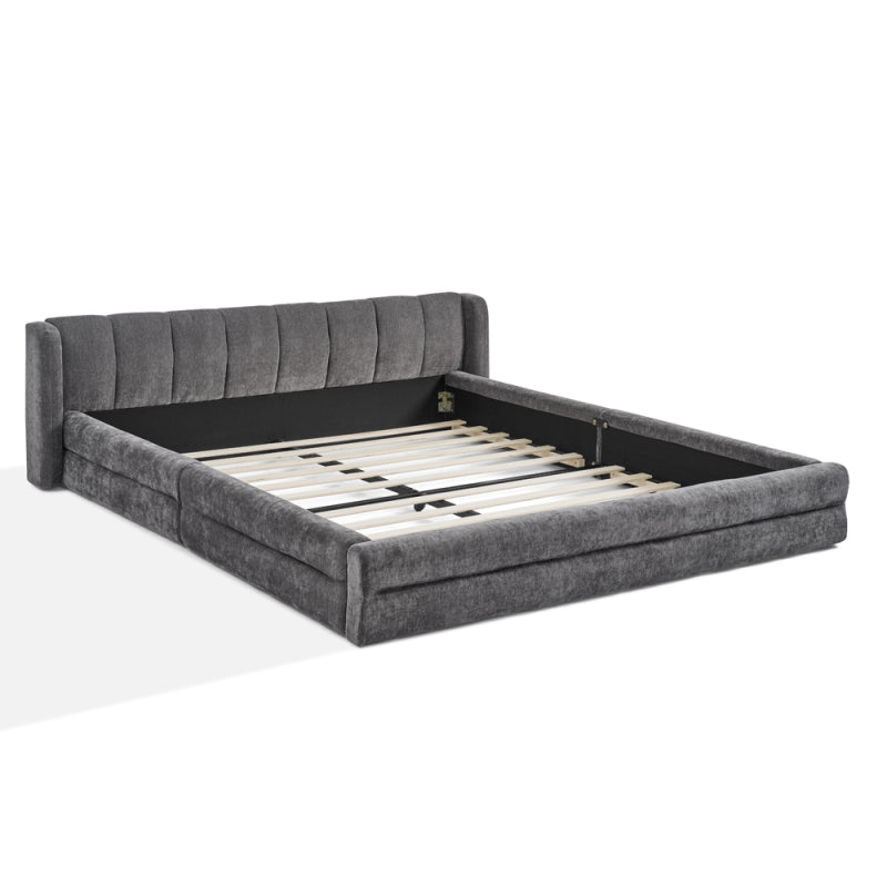Doppelbett 140×200 cm, Chenille Stoff, komfortable Rückenlehne, robustes Eukalyptus und Eisengestell, einfach zu montieren, Dark Gray (ohne Matratze)