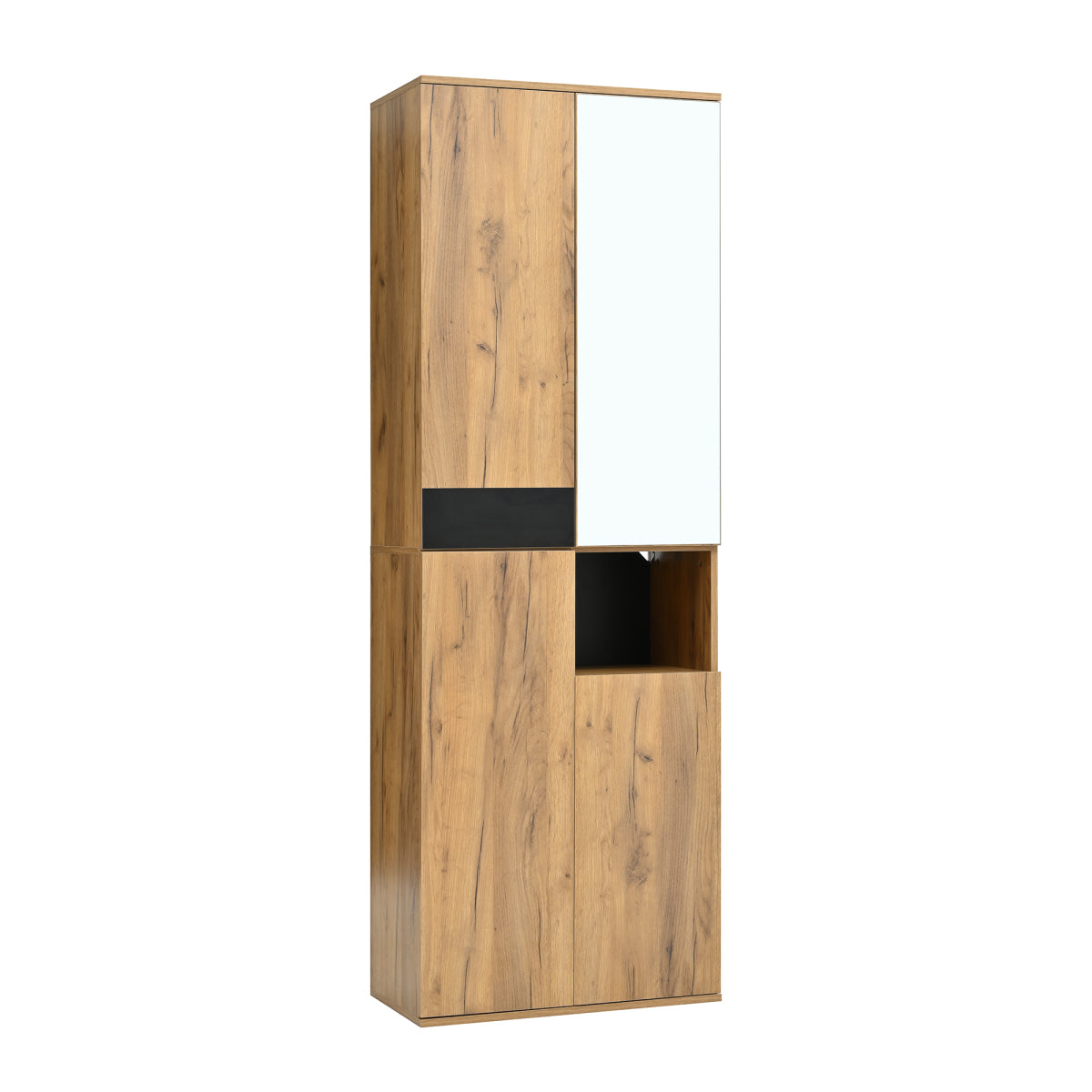 Hochschrank Schwarz/Natur 65x35x190 cm mit Spiegel, 4 Türen & offenem Fach, Mehrzweckschrank mit Stauraum