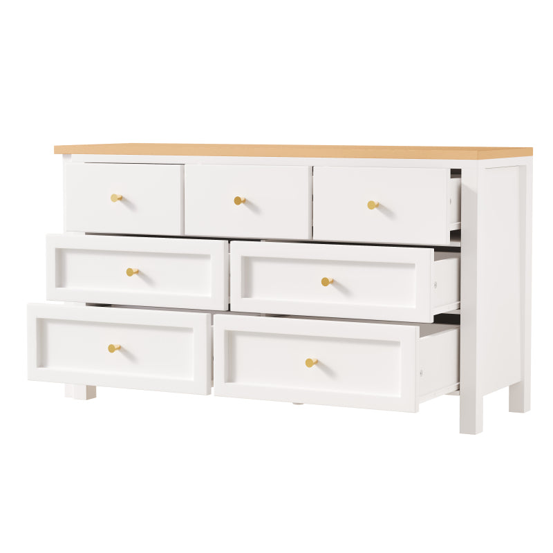 Schreibtisch mit 7-Schubladen Kommode -2-in-1 Dreh Werkbank und Sideboard, Eichenoptik, 360° drehbare Tischplatte, weiß / natur