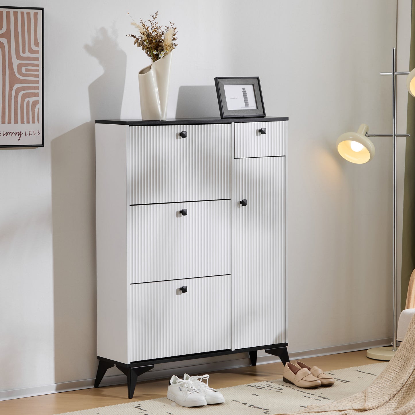 Schuhschrank mit 3 Klappen, 1 Schublade und 1 Tür, Schuhregal, Schuhkipper schmal, Schuhschrank weiß