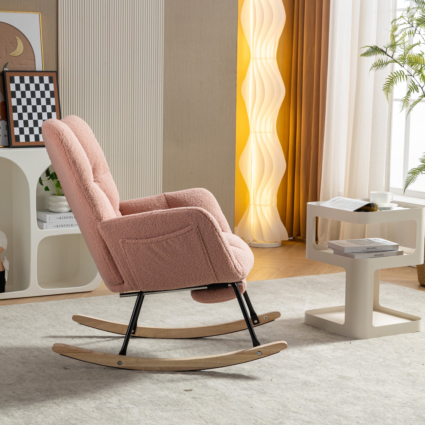 Neuer moderner Schaukelstuhl mit Polsterung und Teddystoff, mit ausziehbarer Fußstütze, Rosa
