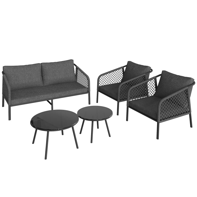 Garten-Lounge-Set, Gartenmöbel-Set aus Seil, Modernes Outdoor-Sofa-Set, graues Seil, Tischplatte aus glattem Glas, inklusive aller Sitz- und Rückenkissen,Loungemöbel, Balkonset , Garten & Terrasse