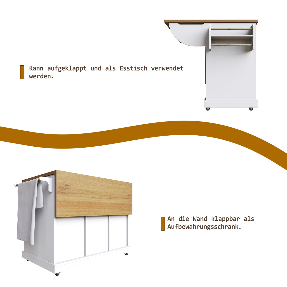 Kücheninsel 147cm klappbar Servierwagen Weiß & Holzoptik, Multifunktionaler Esstisch & Buffetschrank, Mobiler Küchenwagen mit Stauraum