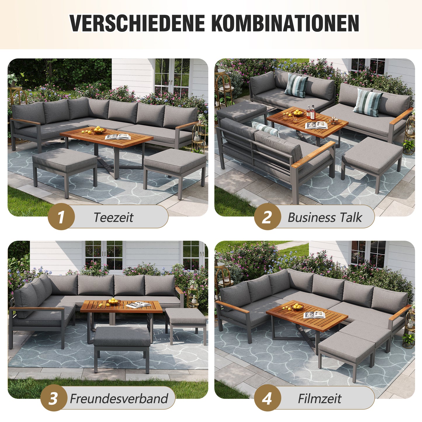 Gartenlounge-Set für 7-8 Personen, Gartenmöbel, Gartenmöbel Set für Garten, Balkon, Terrasse, wetterfest Sitzgruppe Essgruppe, Moderne Gartengarnitur,Gartenmöbelset mit Gestell aus verzinktem Eisen