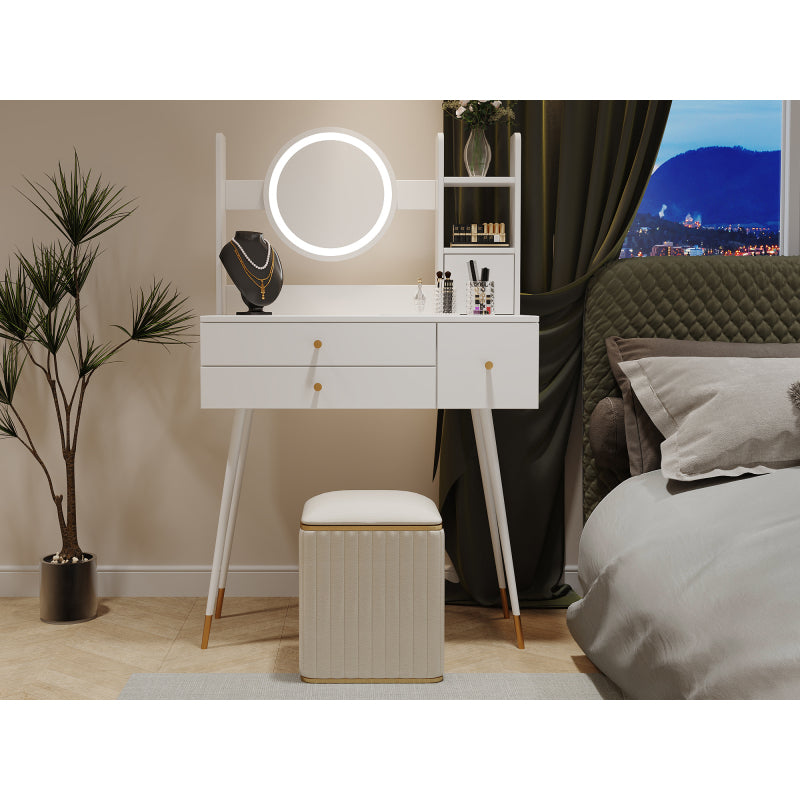 Schminktisch(Ohne Stühle), mit Spiegel einstellbare Helligkeit, mit 3 Schubladen, luxuriöses vergoldetes Zubehör, High-End Schminktisch mit mehreren Stauräumen, Weiß