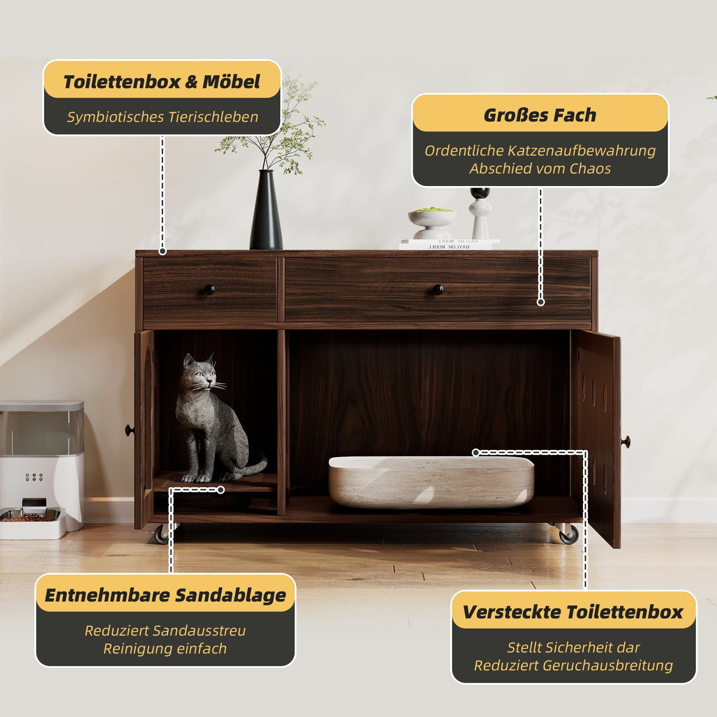 Katzenschrank/Katzenhaus mit abnehmbare Sandablassplatte, geruchsisoliert, ohne Katzenklo, 100×45×66 cm, Nussbaumfarbe