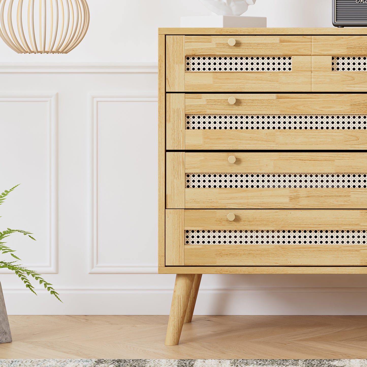 Klassische Kommode, Schrank mit 3 Schubladen, mit Rattan-Schubladenplatte, mit unterem Flip-Top-Deckel, mit goldfarbenem Metallgriff und Holzbeine, Stauraum im Wohnzimmer und Schlafzimmer, Spanplatten