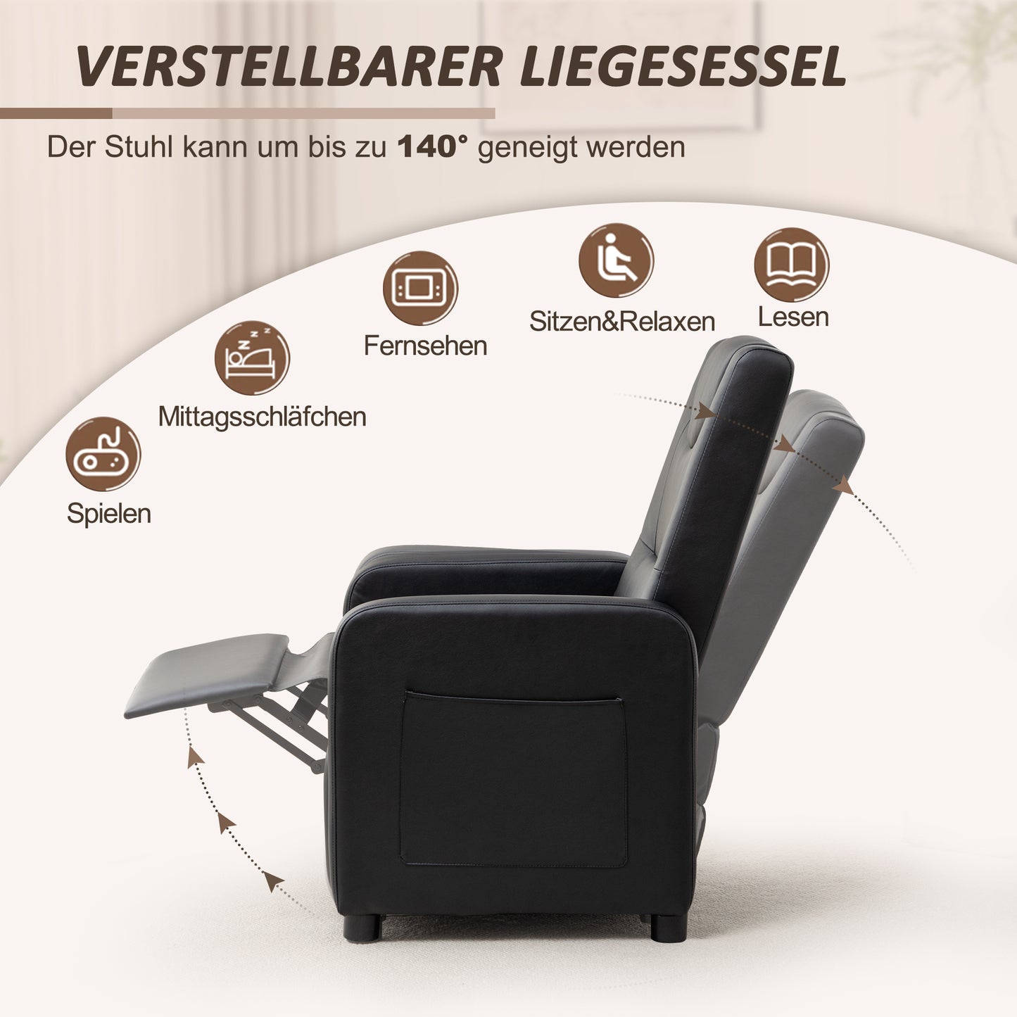 Fernsehsessel Relaxsessel Loungesofa mit Fußstütze Sessel Lehnstuhl Liegesessel Schwarz PU
