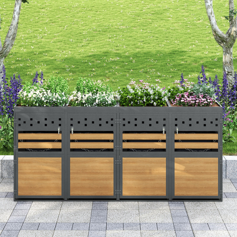 Mülltonnenbox 2er mit Pflanzdach, 120-240 Liter, Anthrazit Tür in Holzoptik inkl. Erweiterungsmöglichkeit ,Aufbewahrungsbox für Mülltonnen, Müllbox (Das Produkt enthält keinen eingebauten Mülleimer)