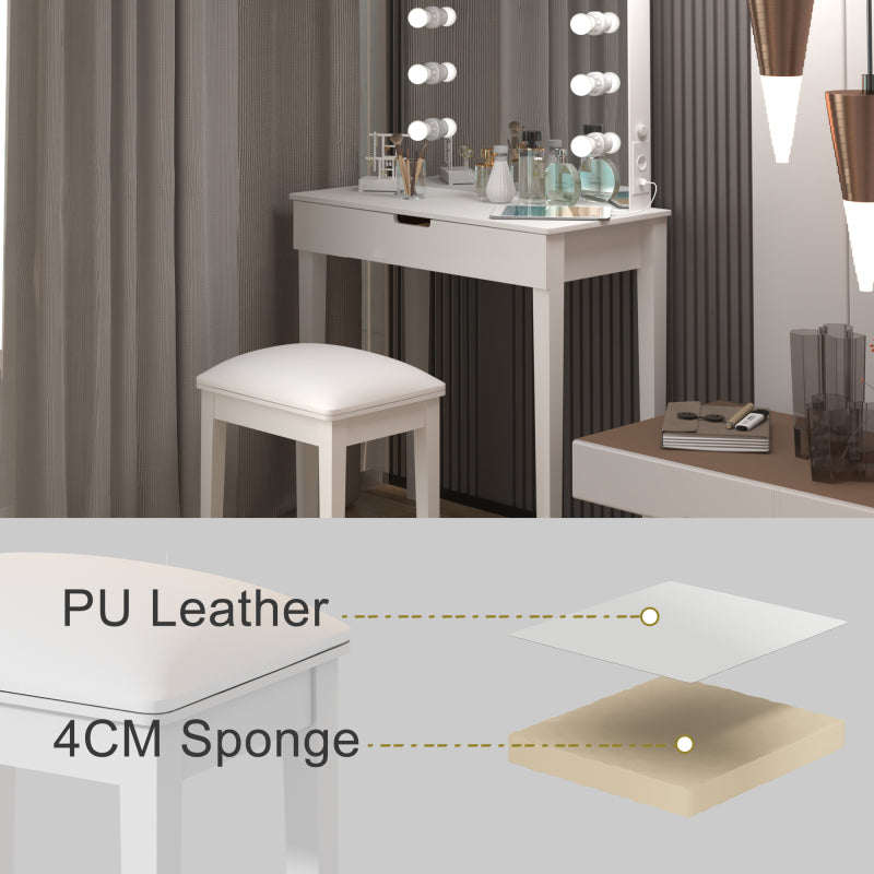 Schminktisch mit Spiegel, Schminkhocker, Schminktisch-Set mit 6 Glühbirnen, weiß