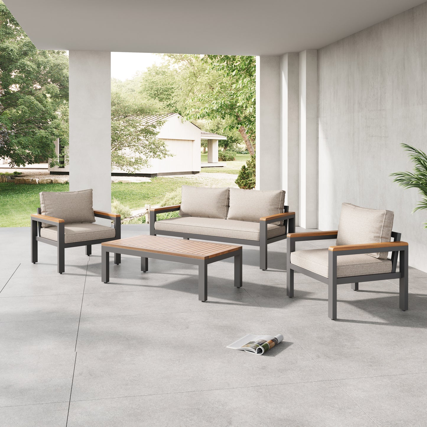 Loungeset, Gartenmöbel-Set mit Rahmen aus verzinktem Stahl, (breites Set, 4-teiliges Esstisch-Set, 1x 2-Sitzer-Sofa, 2x Einzelstühle, 1x Tisch), Akazienholz Tischplatte und Armlehnen,Beige