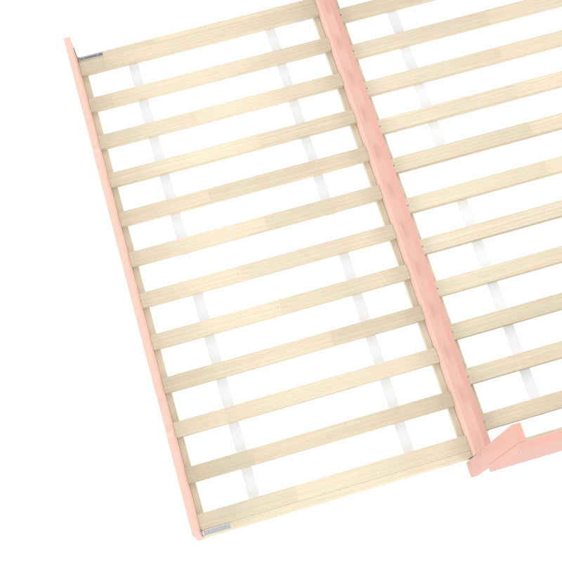Flachbett, Holzbett, 140x200cm, mit Schreibtisch, mit Rollbett, Doppelbett (Ohne Matratze), mit Regalen, Kiefer+Spanplatte, Rosa