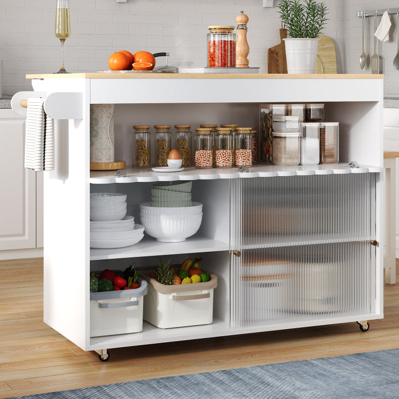 122 x 46(69) x 91cm, klappbarer Kücheninselwagen, Arbeitsplatte aus Eichenholzfurnier, Schiebetüren aus gehärtetem Glas, verstellbare Einlegeböden, Handtuchhalter, großer Kücheninselwagen