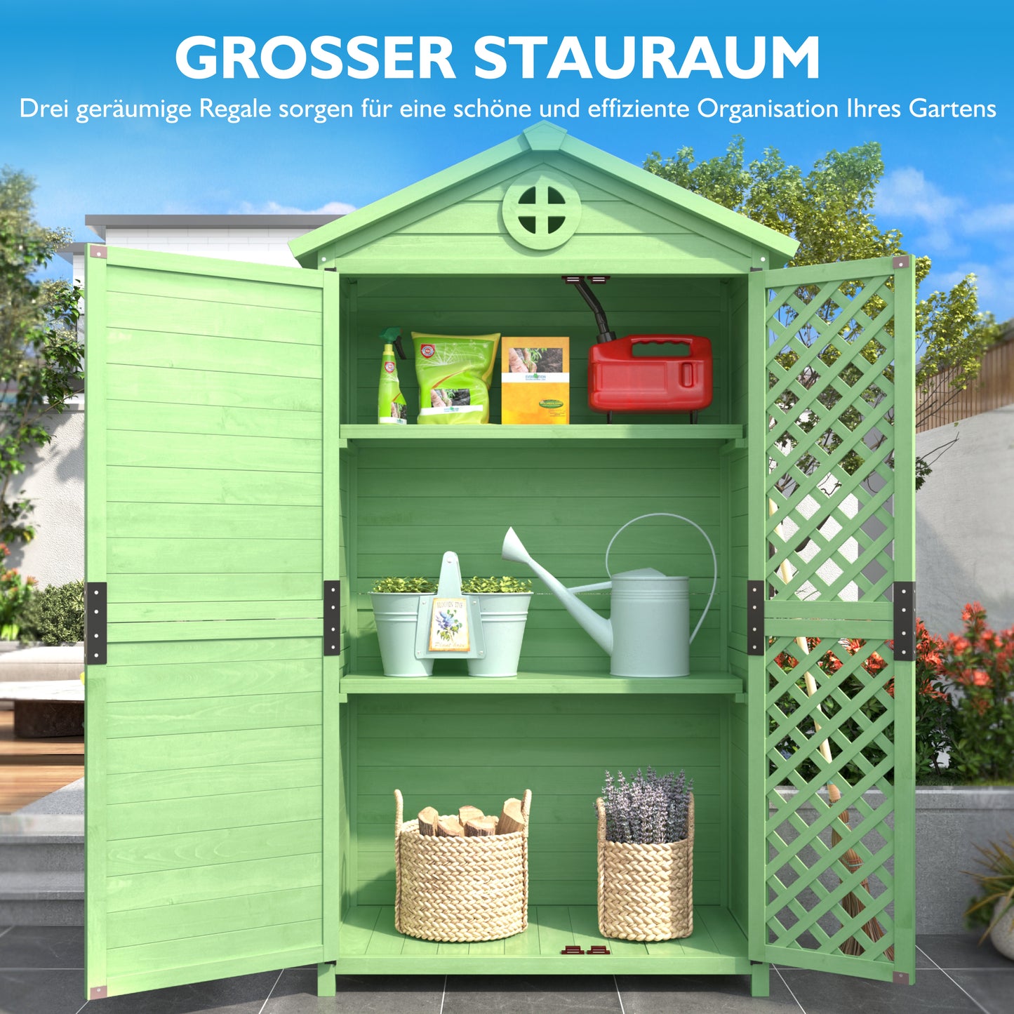Outdoor Holz Gartenmöbel Aufbewahrungsschuppen, Werkzeughaus für Garten, Terrasse, verblassungsfrei, wetterfest, wartungsfrei, umweltfreundlich, sicher und geschützt, grün