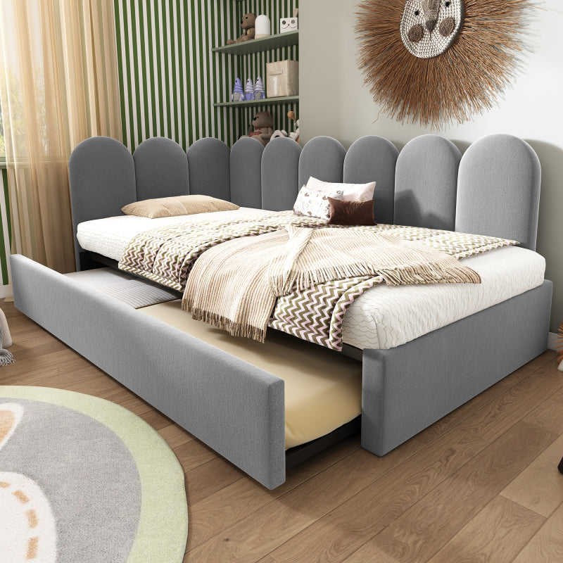 Polsterbett Daybett 90x200 cm mit Ausziehbett 90x190 cm, Kinderbett mit Lattenrost, Samt Grau, ohne Matratze