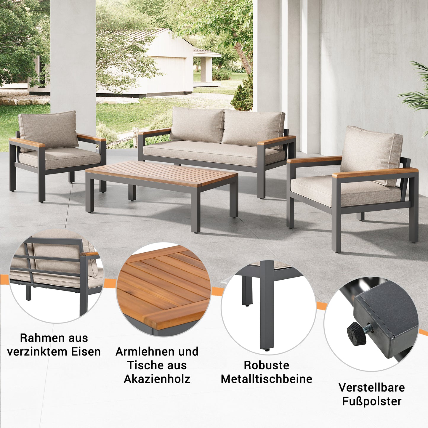 Loungeset, Gartenmöbel-Set mit Rahmen aus verzinktem Stahl, (breites Set, 8-teiliges Esstisch-Set, 2x 2-Sitzer-Sofa, 4x Einzelstühle, 2x Tisch), Akazienholz Tischplatte und Armlehnen,Beige