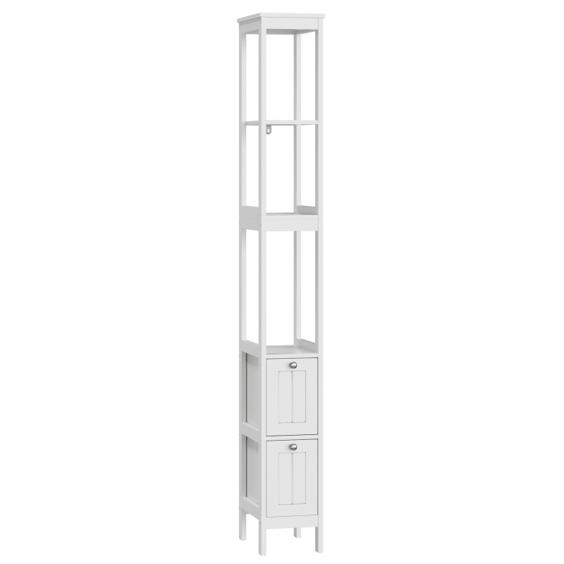 Schmaler Hochschrank, Badezimmerschrank mit 2 Schubladen und 3 Einlegeböden, 20Lx30Bx160Hcm, Weiß