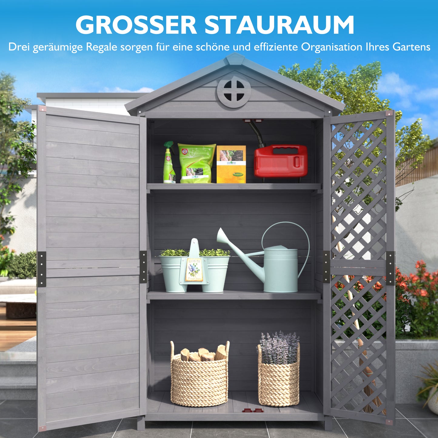 Outdoor Holz Gartenmöbel Aufbewahrungsschuppen, Werkzeughaus für Garten, Terrasse, verblassungsfrei, wetterfest, wartungsfrei, umweltfreundlich, sicher und geschützt, grau