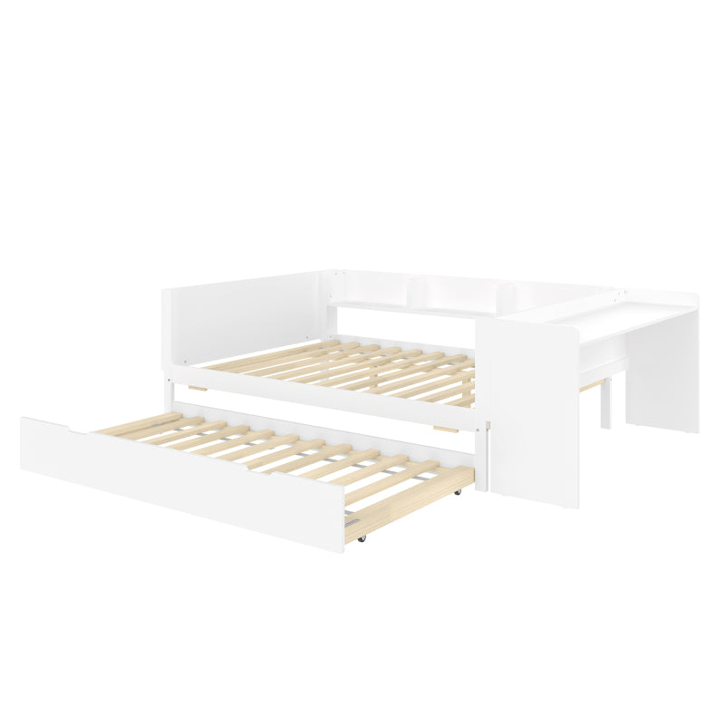 Flachbett, Holzbett, 140x200cm, mit Schreibtisch, mit Rollbett, Doppelbett (Ohne Matratze), mit Regalen, Kiefer+Spanplatte, weiß
