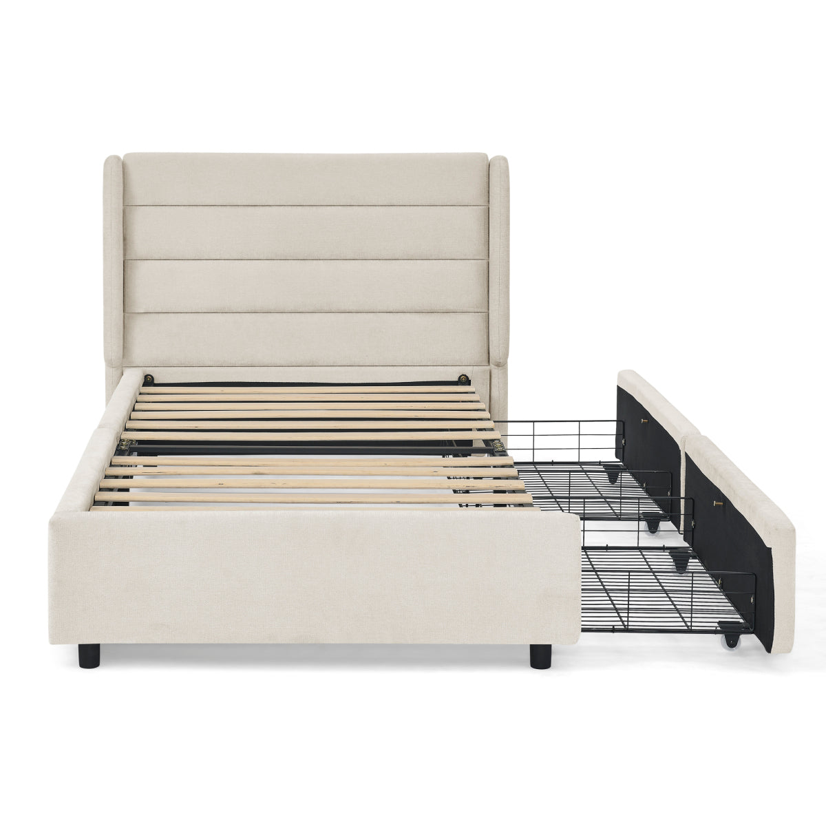 Einzelbett 90×200 cm mit Chenille-Oberfläche & 2 Schubladen, stabiles Bettgestell aus Holz/Metall, ideal für Kinder-, Jugend- & Gästezimmer, Beige (ohne Matratze)