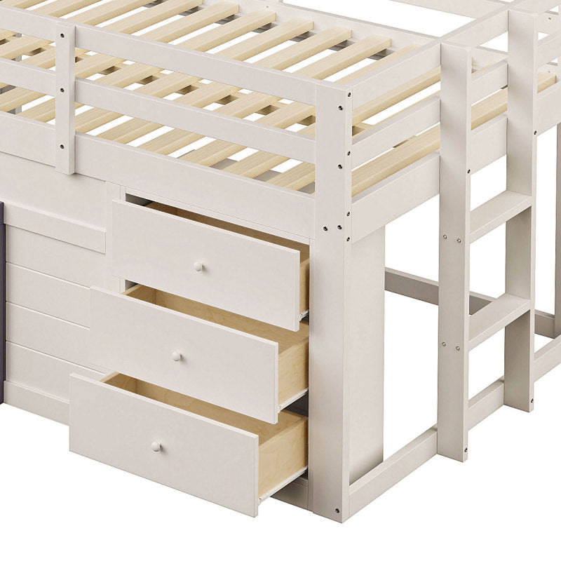 140 x 200 niedriges Hochbett mit Rutsche, drei Schubladen und zwei Türen, Creme