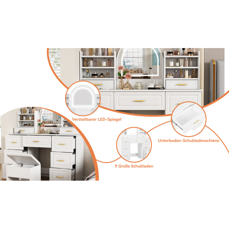 Schminktisch mit Spiegel,Schminktische mit LED-Beleuchtung, Kosmetiktisch mit 9 Schubladen, Frisiertisch, weiß, für Wohnzimmer Schlafzimmer,120x40x135cm