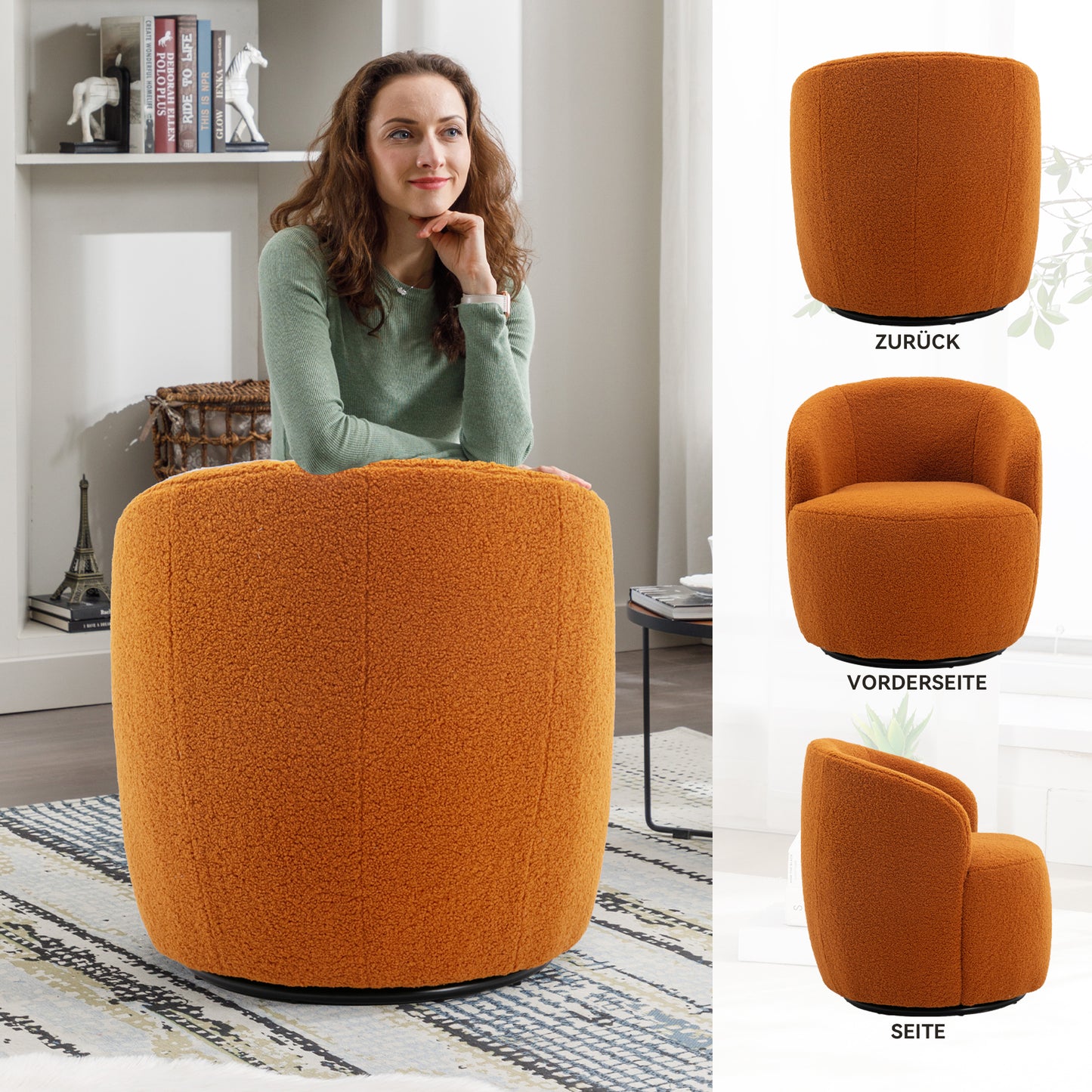 Drehbarer Akzentsessel aus weichem Teddy-Stoff mit Fassstuhl und schwarzem Pulverbeschichtungs-Metallring, Orange