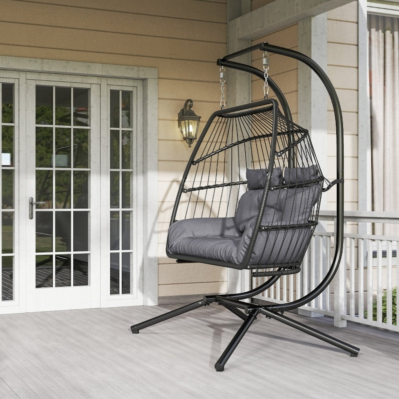Hängesessel mit Gestell faltbar Hängekorb mit Kissen, Polyrattan, für 2 Personen, belastbar bis 260kg Sessel für Balkon Terrasse, Dunkelgrau