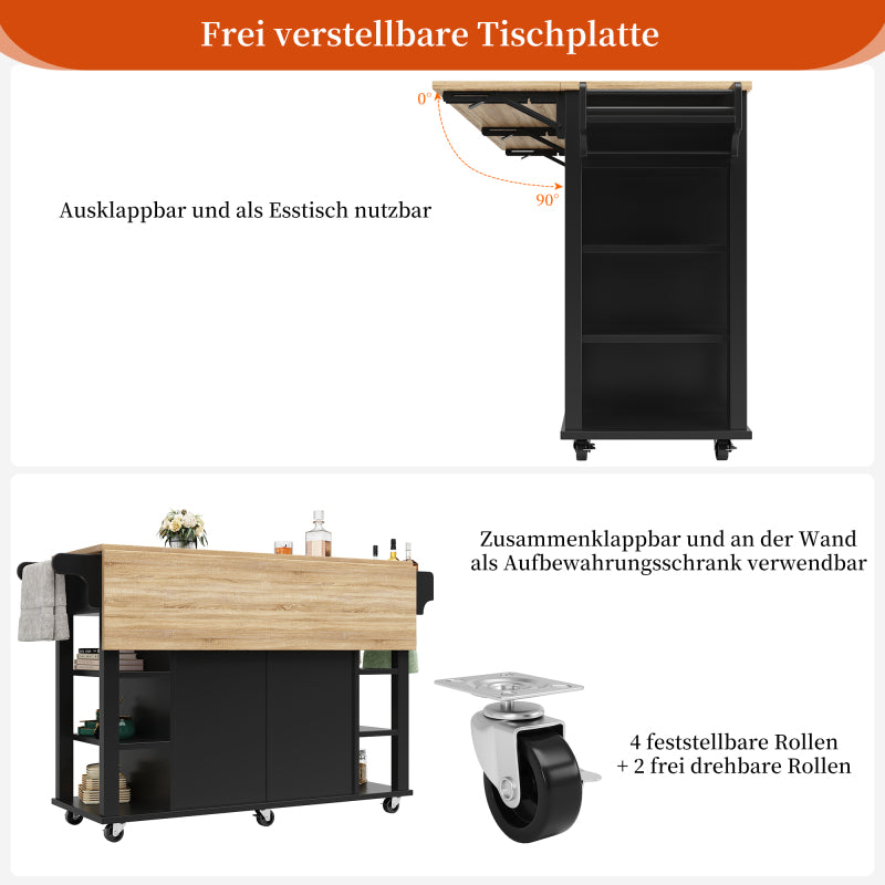 Kücheninsel mit herausnehmbaren Trennwänden, Esszimmerwagen mit Arbeitsplatte, Buffetschrank, Esszimmerwagen mit Holzmaserung, Handtuchhalter beidseitig mit Rollen, schwarz