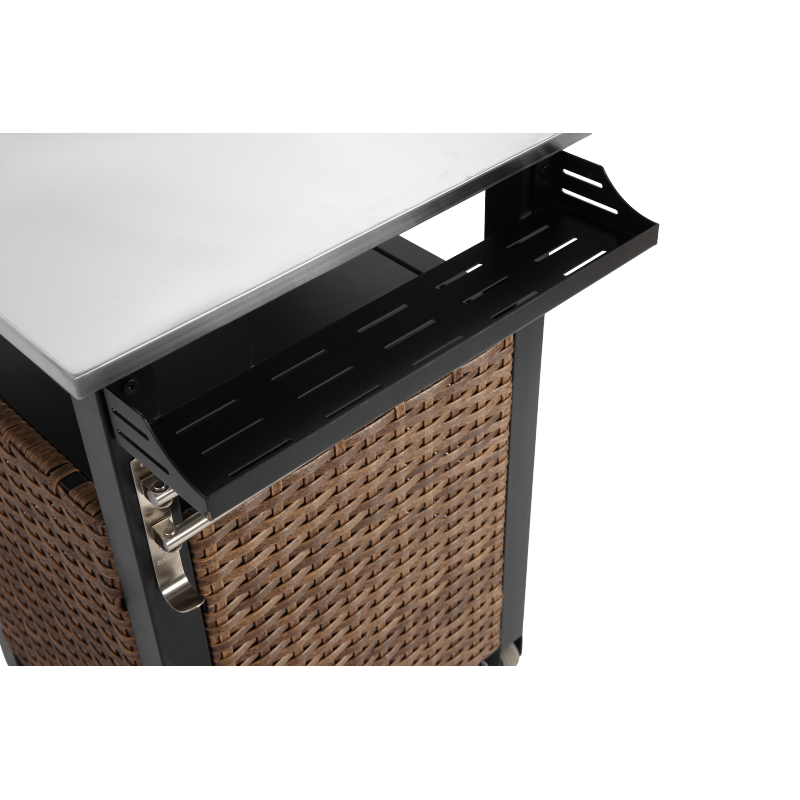 Single door bar cart,Outdoor Kitchen Wicker Island Rolling Cart & Storage Cabinet, Wheels and Stainless Steel Extended Table Top, Side Handle for Patio Kitchen or Bar Cart, Brown