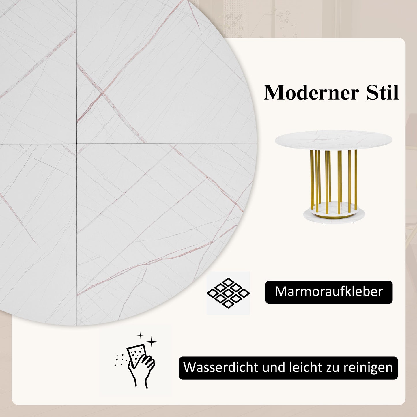 Runder Esstisch mit Marmoroptik Modernes Design mit Metallgestell, Weiß+Gold