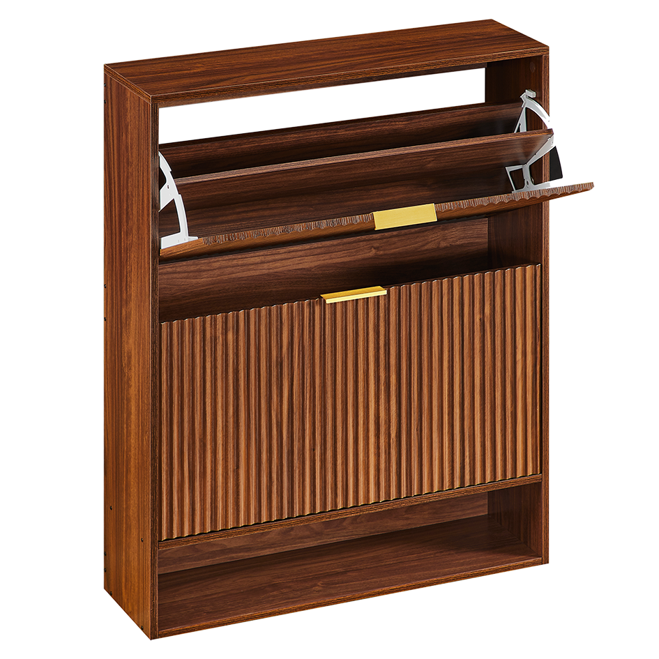 Schmaler Schuhkipper 24cm Nussbaum-Optik – Schuhschrank mit Nutfront & Kippschutz – Platzsparendes Schuhregal für 20+ Paar Schuhe
