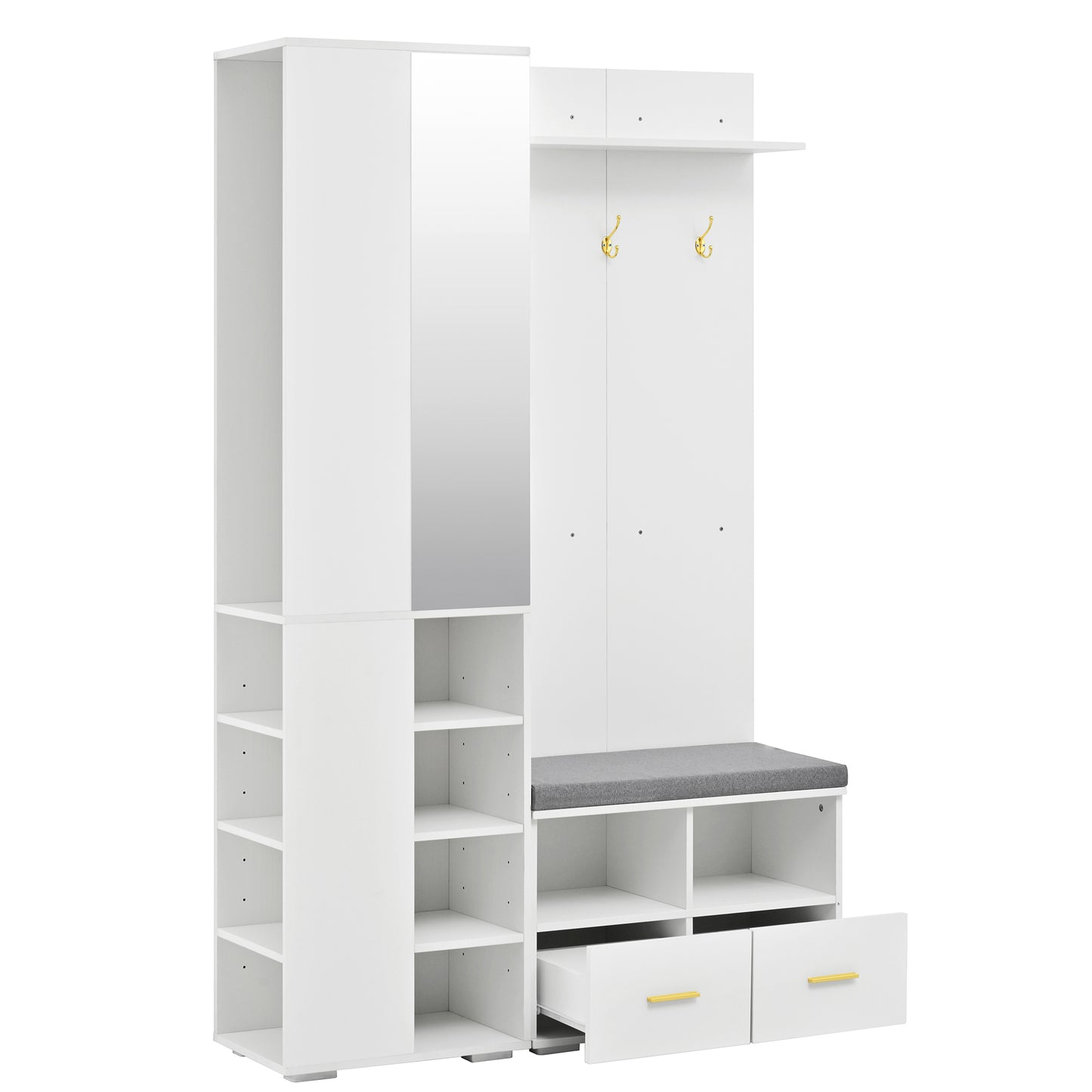 Garderobenset Weiß 120x35x190 cm mit Spiegel, Kleiderstange, Schuhbank, 3 Haken, 2 Schubladen & Ablagefach