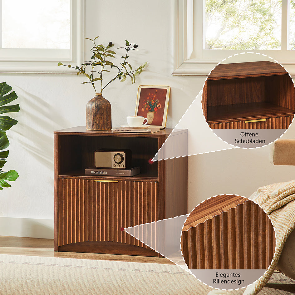 Nachttisch Nussbaum-Optik mit Rillendesign & Schublade – Beistelltisch mit goldenem Griff & abgerundeten Kanten – Modernes 3-Stufen-Storage