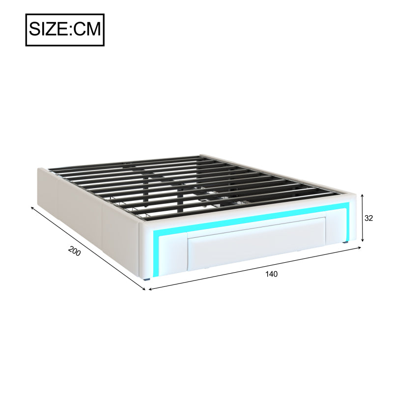 Bettgestell 140X200 mit Schubladen, PU-Leder Bett ohne Kopfteil Mit LED-Lichtleiste, MetalllattenPlattformbett für moderne Schlafzimmer Beige